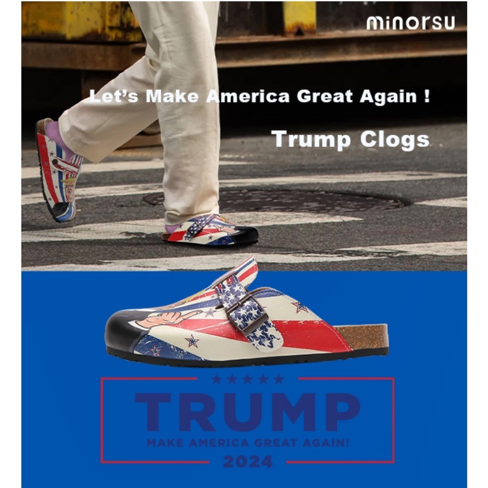 (W9) Minorsu Unisex Trump Clogs, Cork Footbed, Various Sizes, American Flag